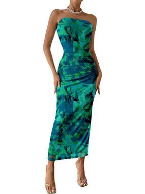 Women's Green Floral Summer Wedding Guest Dress Strapless Tube Top Maxi Dress